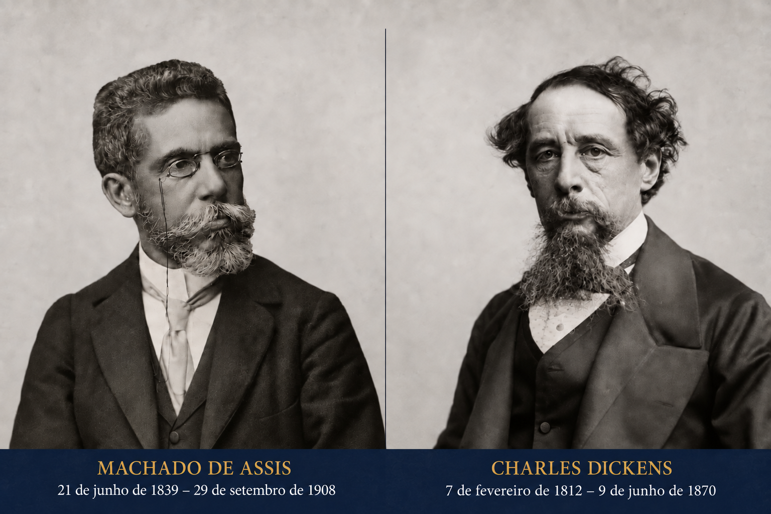 Machado de Assis e Charles Dickens em composição fotográfica lado a lado