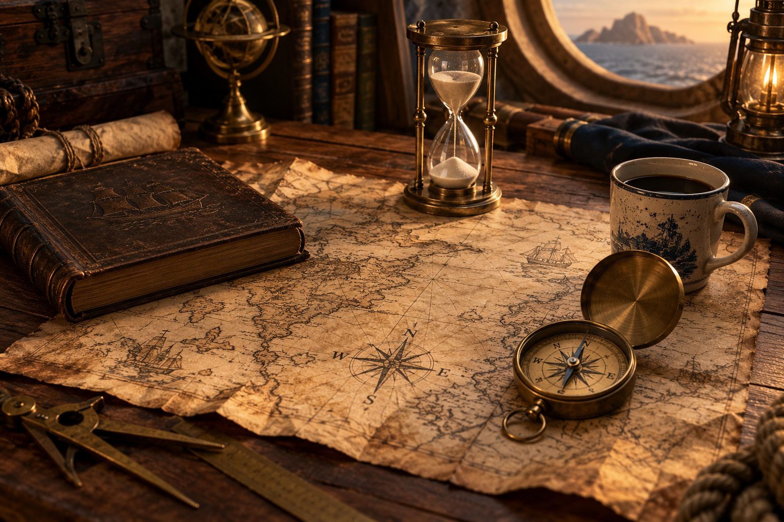 Mesa de madeira com mapa, ampulheta, livro, café e bússola